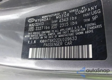 2013 Hyundai Genesis 2.0T из США, поврежденный, VIN KMHHT6KD2DU109633